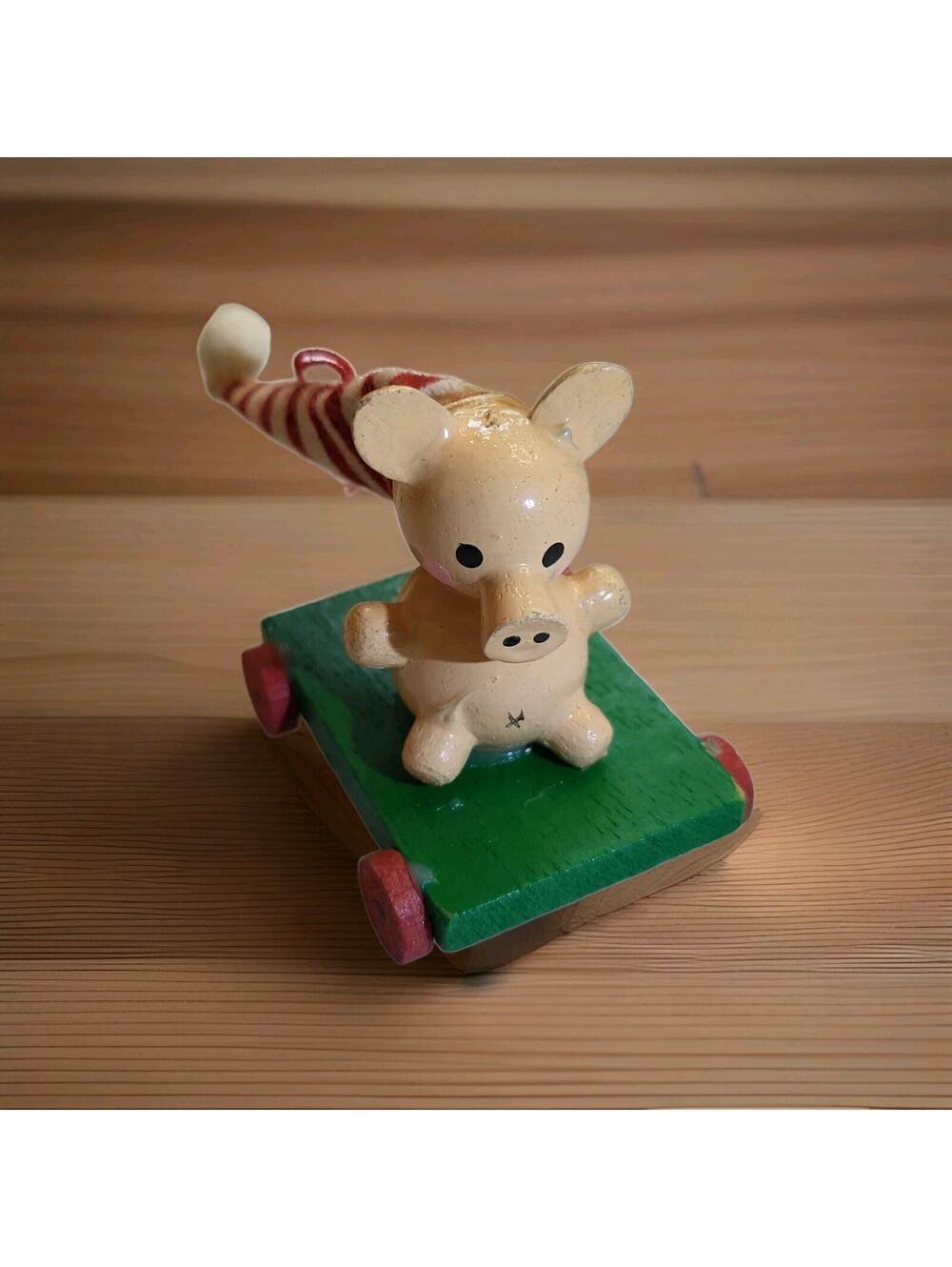 Vtg 1960s Pig Christmas Ornament Wood Hand Painted Piggy Hog EUC 3" A41